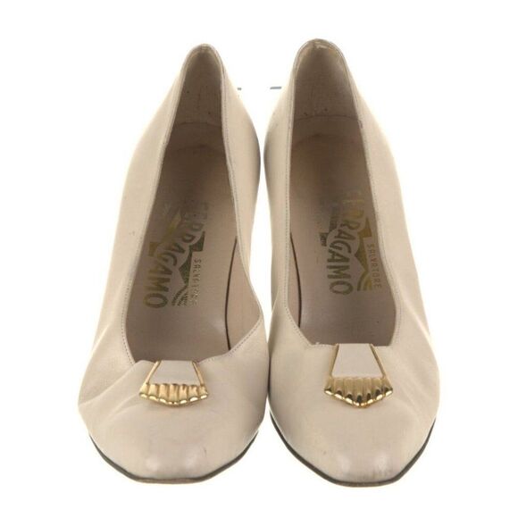 salvatore Ferragamo Authentic Ivory White Gold Mid Block Heels 7.5 AAA - Picture 3 of 8